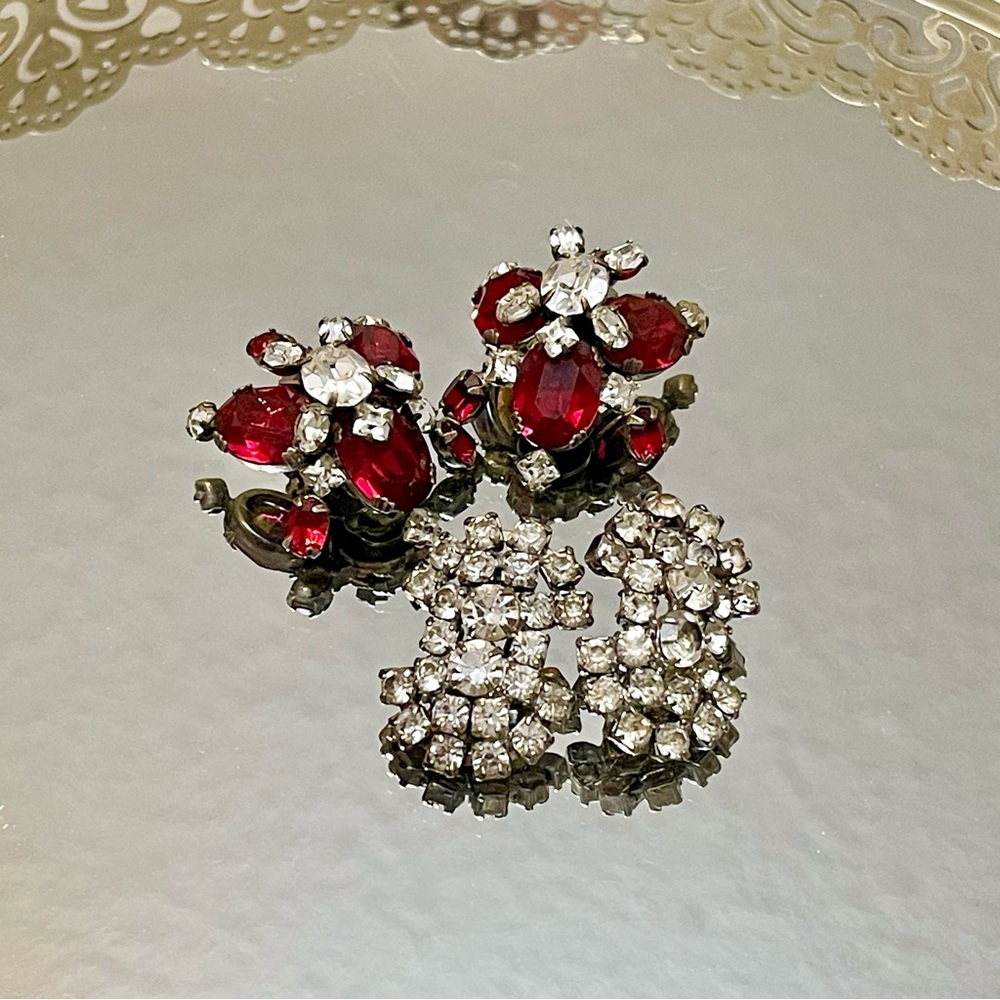 Vintage Red Crystal Clip-On Earring and Rhinestone Earring Set